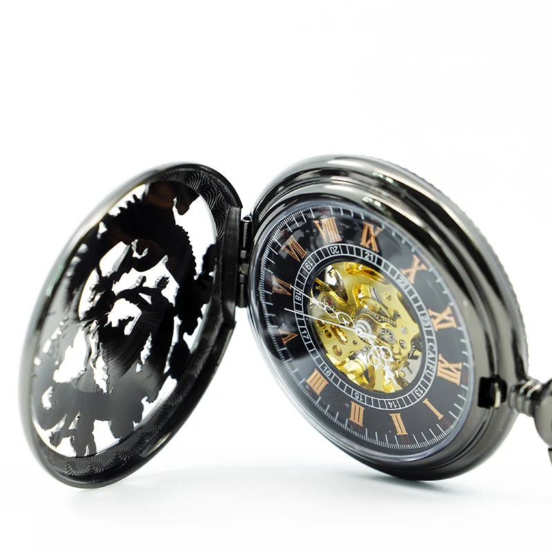 Exquisite Flying Dragon Phoenix Hollow Embossed Mechanical Pocket Watch Vintage Necklace Pendant Fob Chain Men's Watch Gift