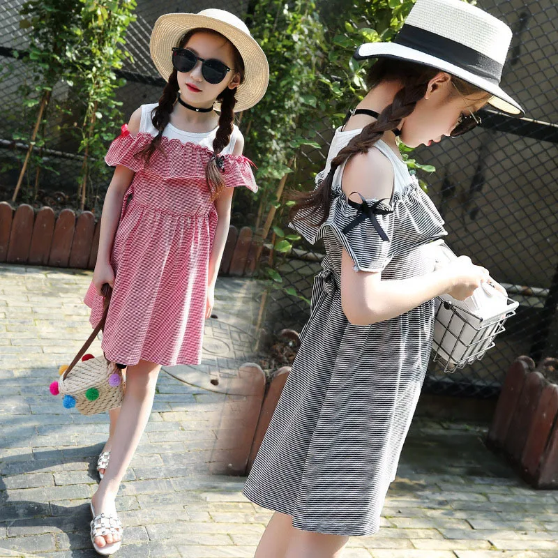 striped patchwork little baby girl dress summer 2018 ruffles off shoulder cotton children dresses princess clothing |