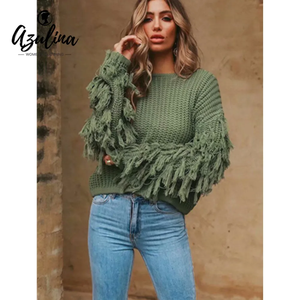 AZULINA Autumn Winter Women Pullover Sweater Round Collar Long Sleeve Fringed Solid Color Loose Sweaters Jumpers Ladies Clothes | Женская