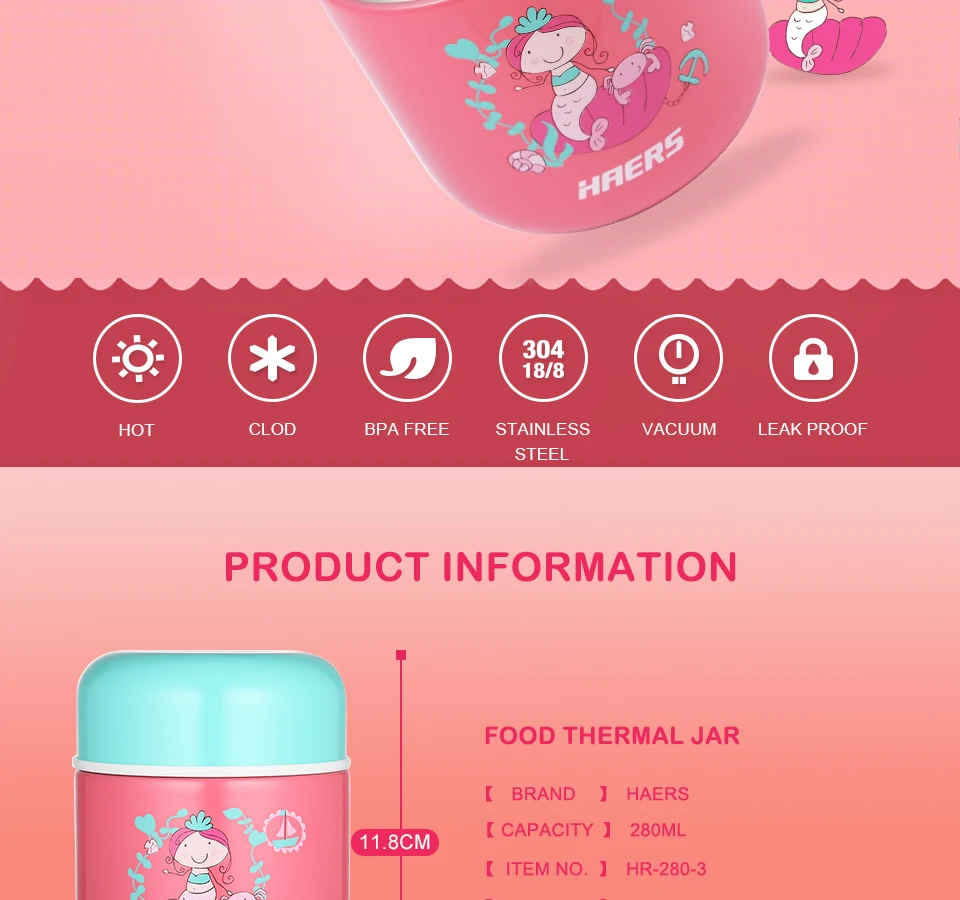 Haers мультфильм стиль дети фляжка BPA-free нержавеющая сталь вакуумная еда термос колба 280 мл