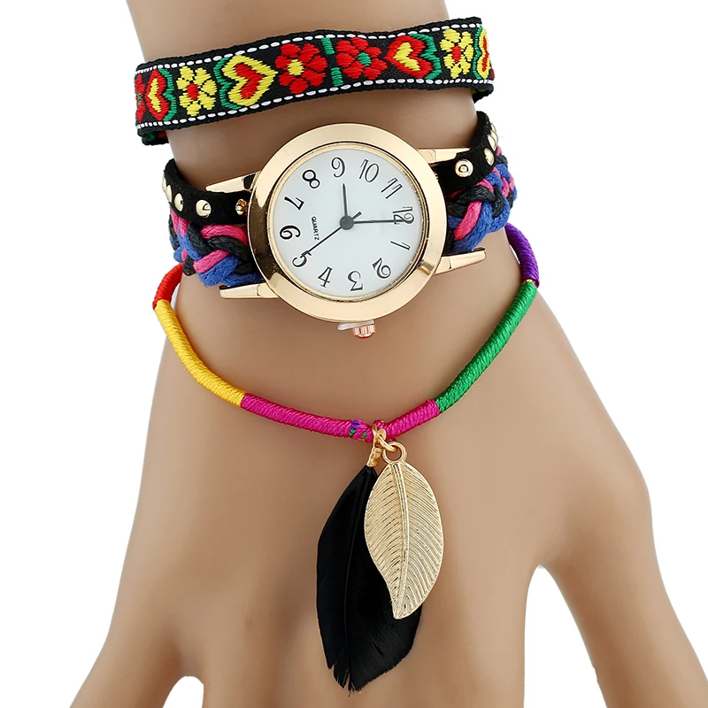 Fashion Women Casual Feather Leaf Flower Bracelet Quartz Weave Wristwatch Dress Vintage Watch | Наручные часы