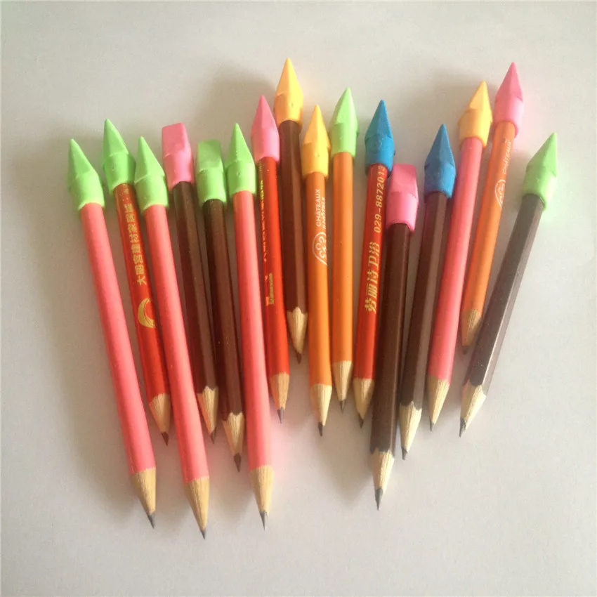 12pcs Short branched multicolor paint sharpened HB pencils eraser head small 9-11cm free shipping