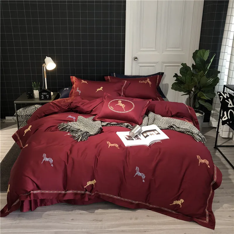 Luxury Egyptian Cotton Bedding Set Duvet Cover Sheet Pillowcase King Queen Size Embroidered horse Bed Linen for wedding | Дом и сад