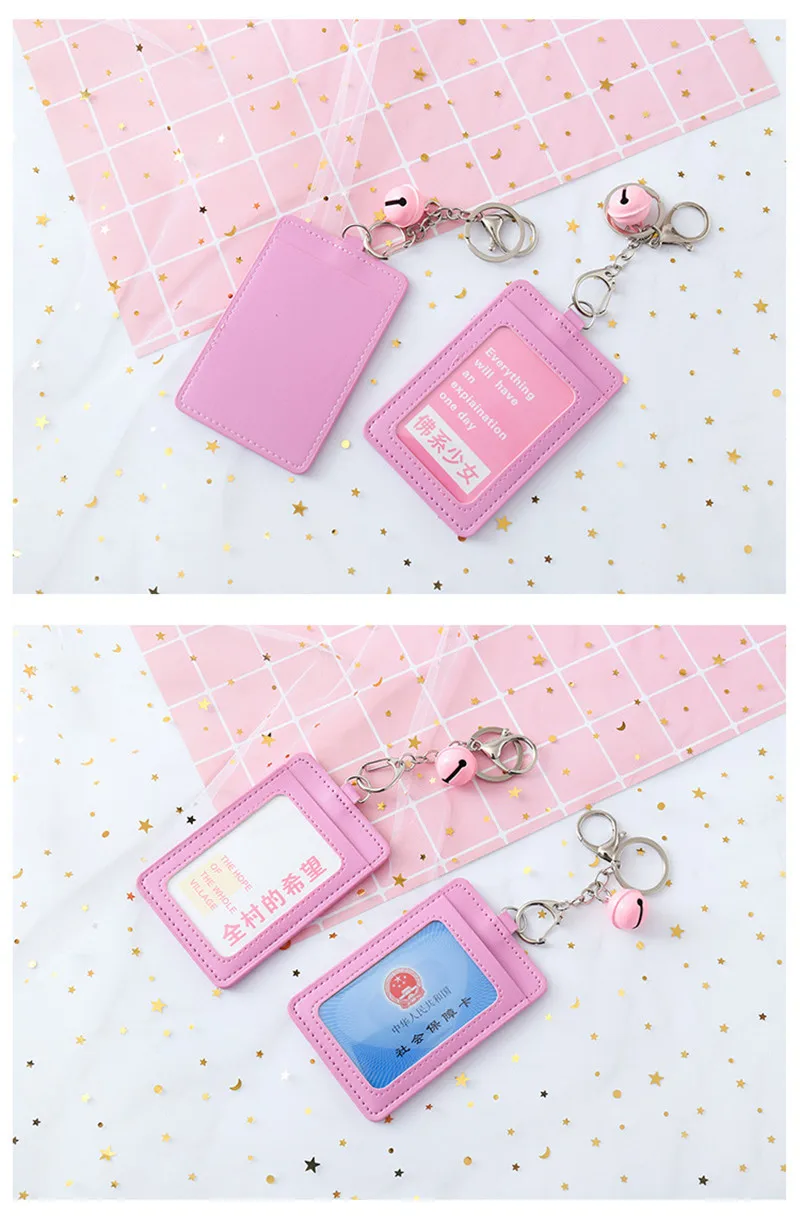 Pink Girl ID Card Holder PU Wallet With Small Bell Student Bus Card Set Cover Women Holder Bags Travel Accessories