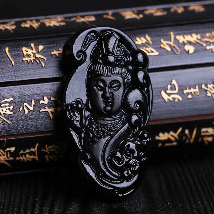 Натуральный черный обсидиан Вырезка Гуаньинь Будды кулон бусы ожерелье резные