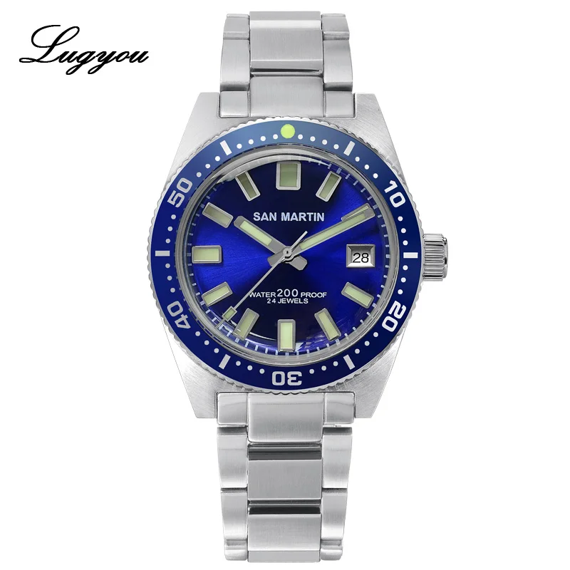 Blue sunray Lugyou San Martin 62Mas Diver механические Автоматические Мужские часы из нержавеющей стали NH35 керамический ободок с циферблатом от солнца резиновое минеральное стекло - Цвет: Blue sunray