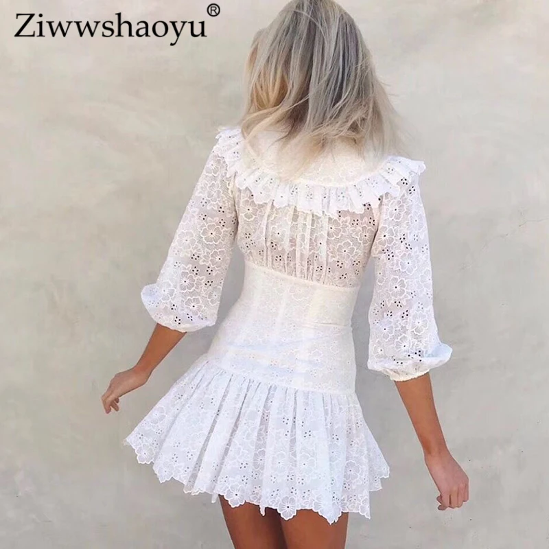 Ziwwshaoyu элегантное хлопковое платье с вышивкой, с v-образным вырезом, с цветочным рисунком, с оборками, платье для отпуска, новинка 2019New, женское