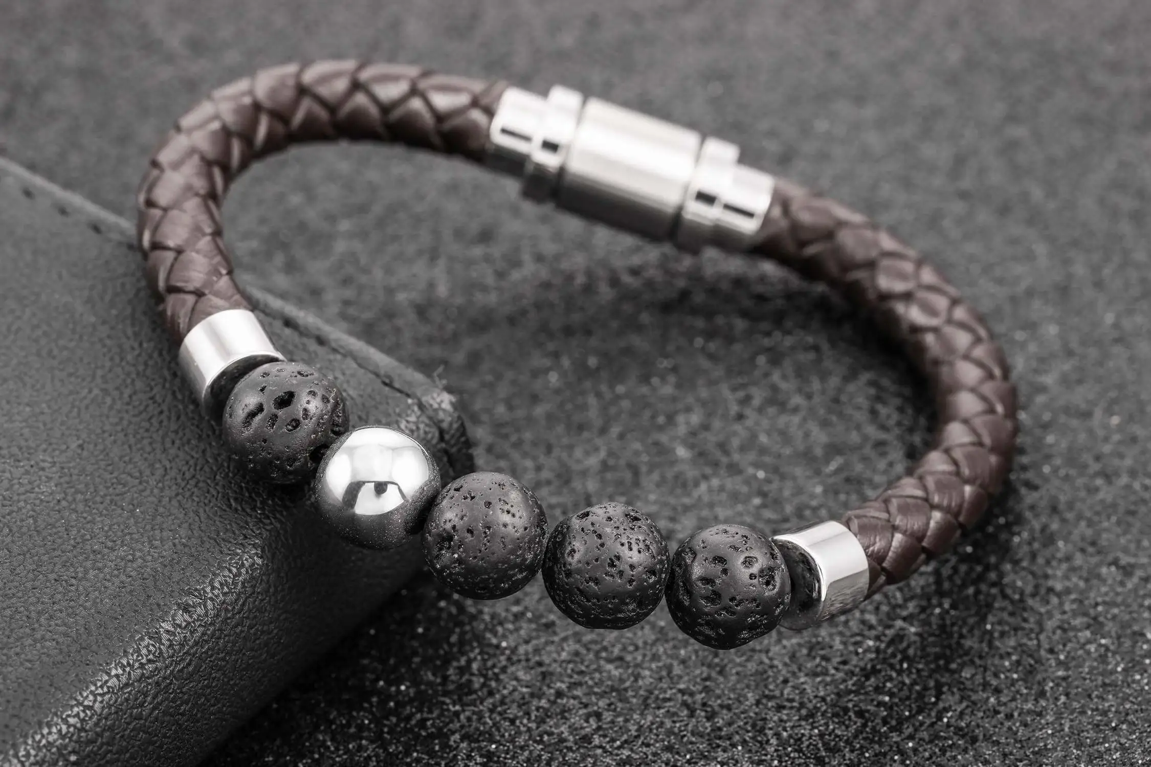 Мужской кожаный браслет с бусинами тигровый глаз из нержавеющей стали|Плетеные