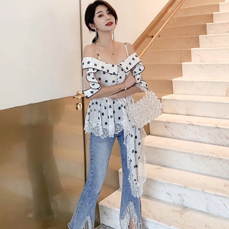 Кружевная Лоскутная футболка с коротким рукавом Женская Повседневная