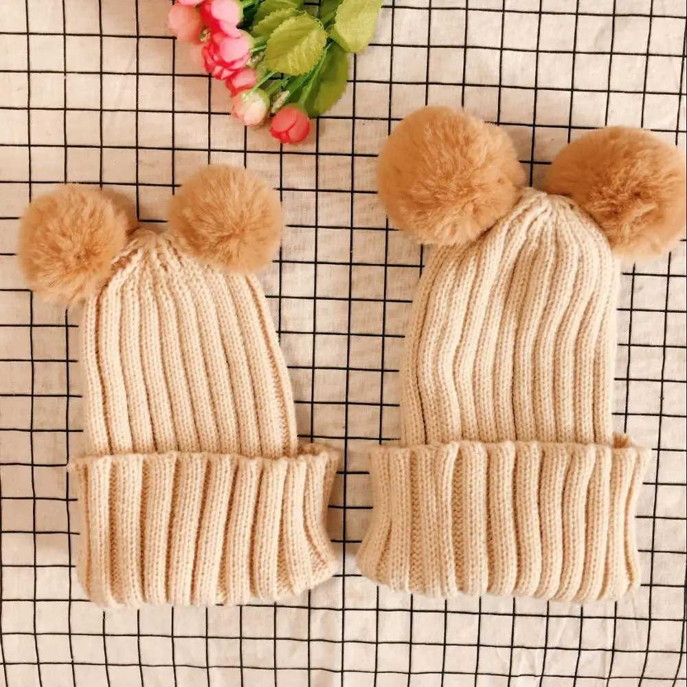 Модные вязаные шапки для родителей и детей Beanies Милая зимняя шапка с помпоном