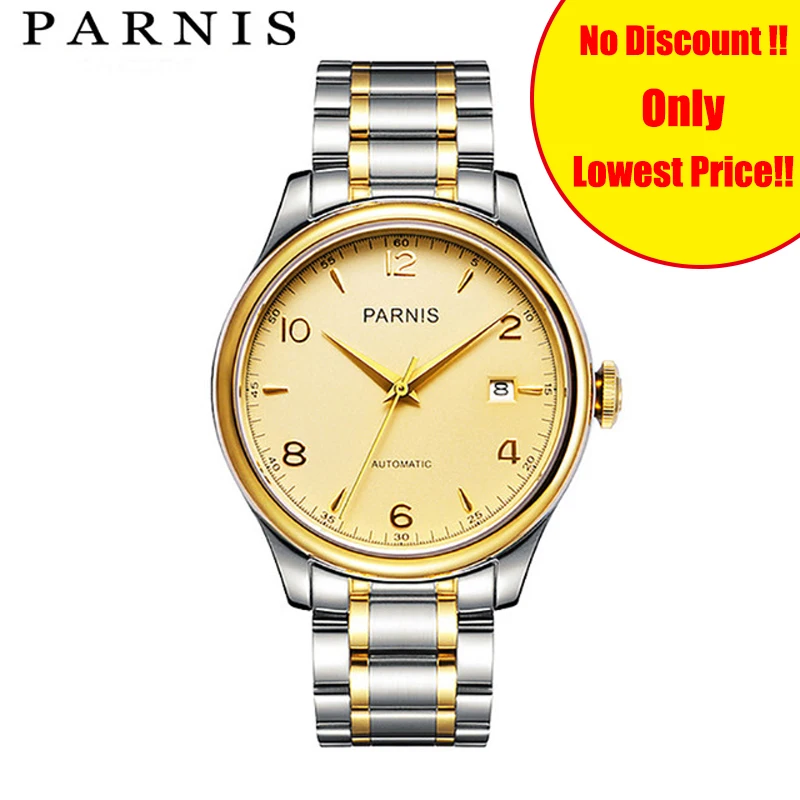 38 мм Parnis часы золотой Стальной ремешок Механические наручные часы montre homme Япония Miyatota сапфировые хрустальные часы