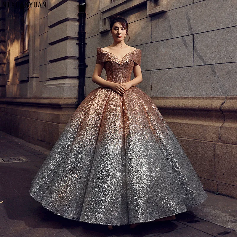 Vestido De Noiva New Gold and Silver Gradual Color Wedding Dresses Court Dreaming Bling Sequined Gown Novia | Свадьбы и торжества