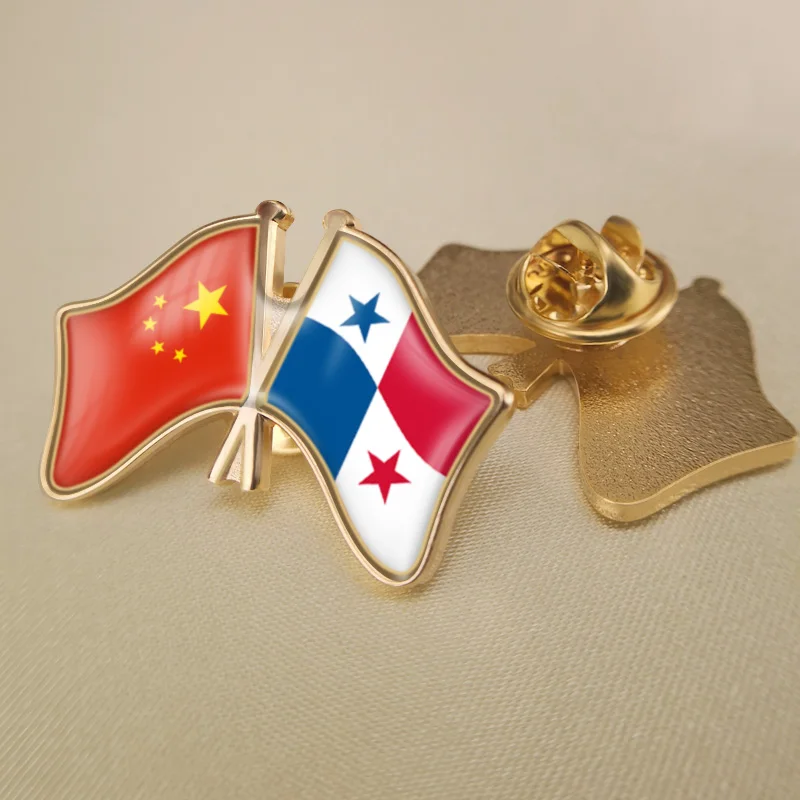 

China and Panama Crossed Double Friendship Flags Lapel Pins Brooch Badges