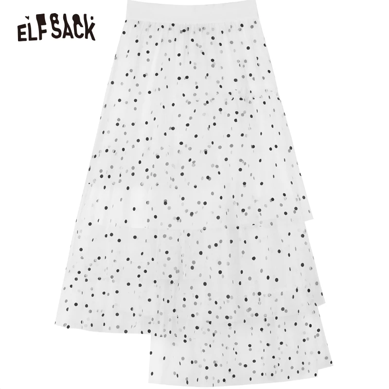 

ELFSACK Fashion Dot Tulle Skirt Asymmetrical Women Long Skirt Japan Style Sweet Basis Femme Skirts 2019 New Summer Skirts