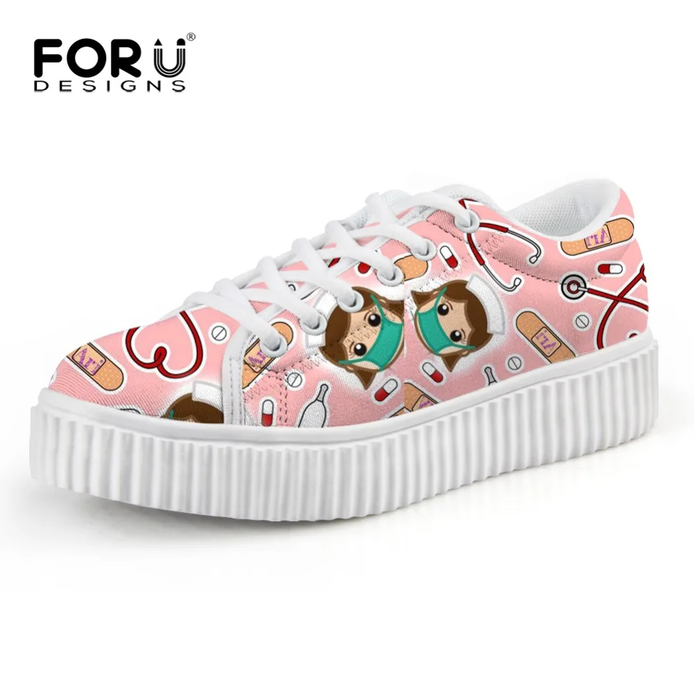 

FORUDESIGNS Pink Cartoon Nurse Prints Flats Ladies Shoes Woman Platform Casual Shoes Height Increasing Creepers Nursing Sneakers