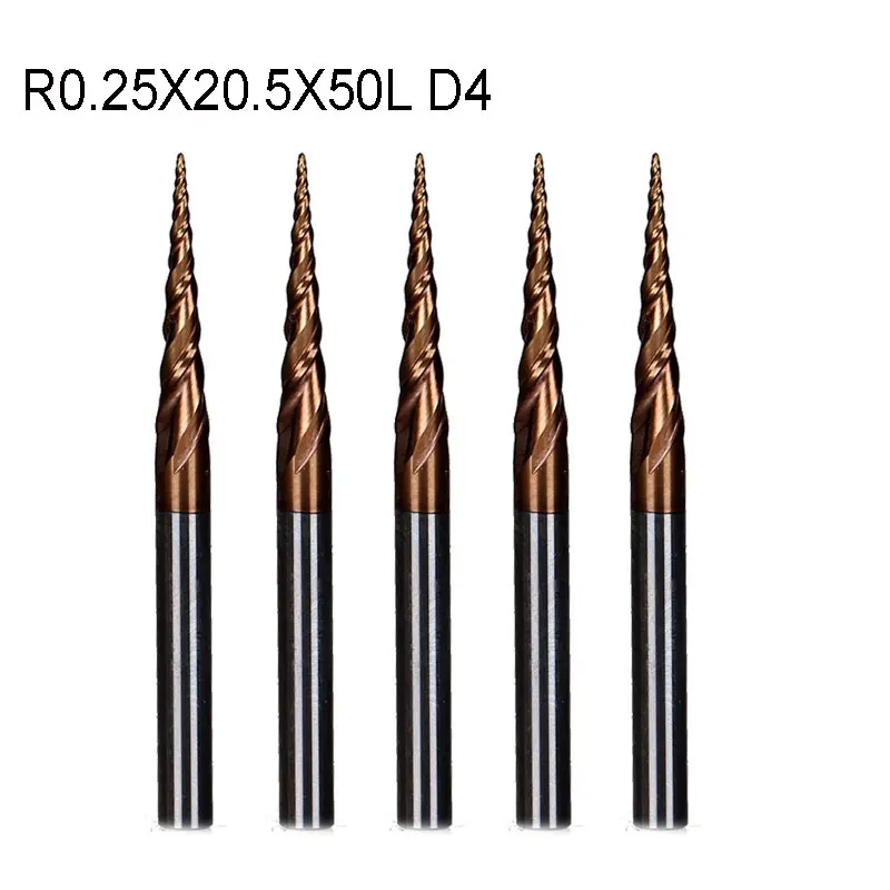 Концевая фреза с коническим хвостовиком 5 шт./лот R0.25 * D4 20 50L 2F HRC55 | Инструменты