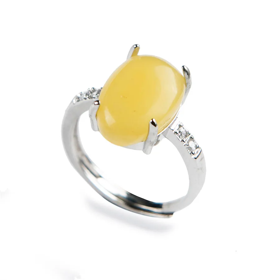 Genuine Natural Yellow Rare Round Crystal Bead Fashion Stering Sliver Adjustable Size Women Ring