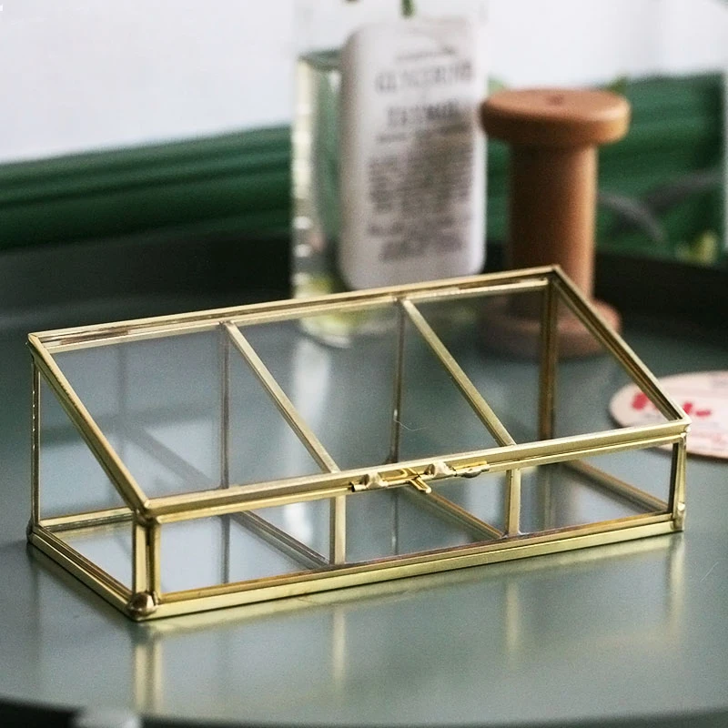 Три сетки Золотая оправа стеклянная коробка для хранения Роскошная Современная