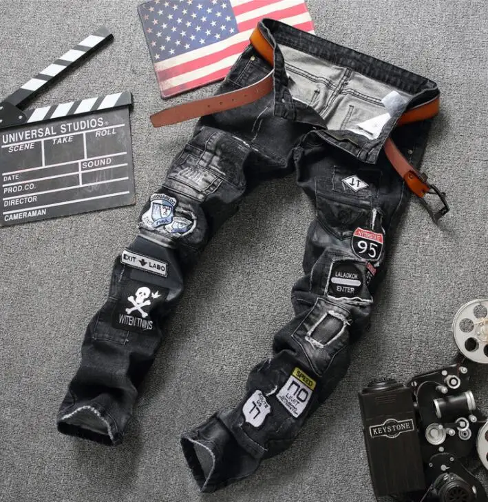 Дешевые джинсы Мужские байкерские винтажные с заплатками мужские брюки из