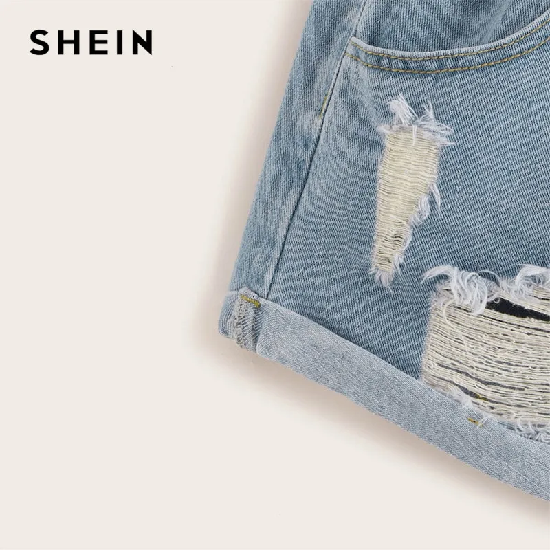 Женские джинсовые шорты SHEIN с рваным свернутым подолом, синие шорты с карманами и высокой талией, летние повседневные Прямые женские джинсовые шорты с поясом