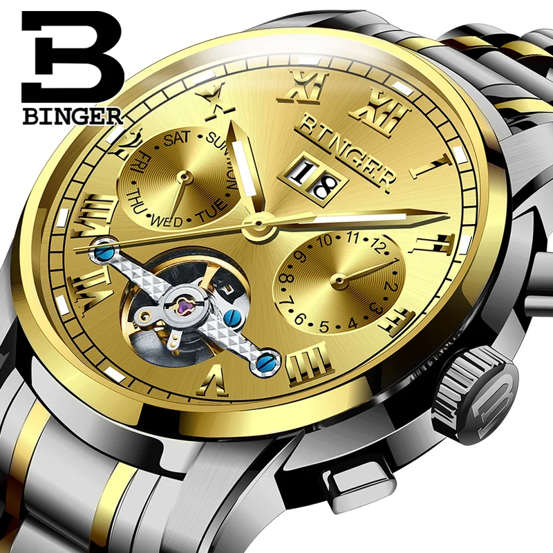 Мужские автоматические механические часы BINGER Switzerland с самоходным механизмом