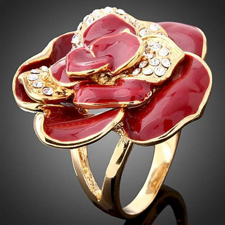 Винтажное кольцо Стразы в ретро стиле с большим цветком для женщин Золотая эмаль