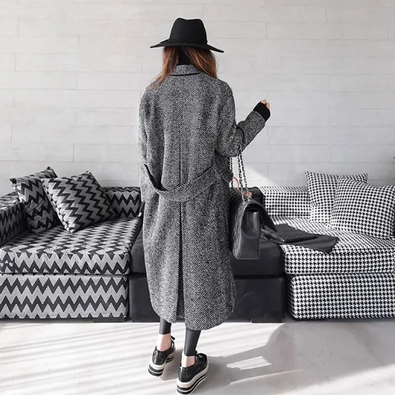 Трендовое женское двубортное пальто длинное черное в полоску|wool coat women|fashion wool