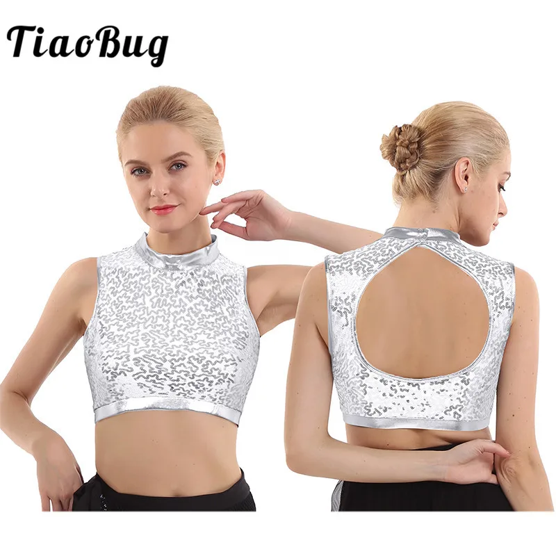 

Женский костюм для танцев TiaoBug, Ослепительная блестящая юбка без рукавов с ложным воротником и открытой спиной, Клубные вечерние топы