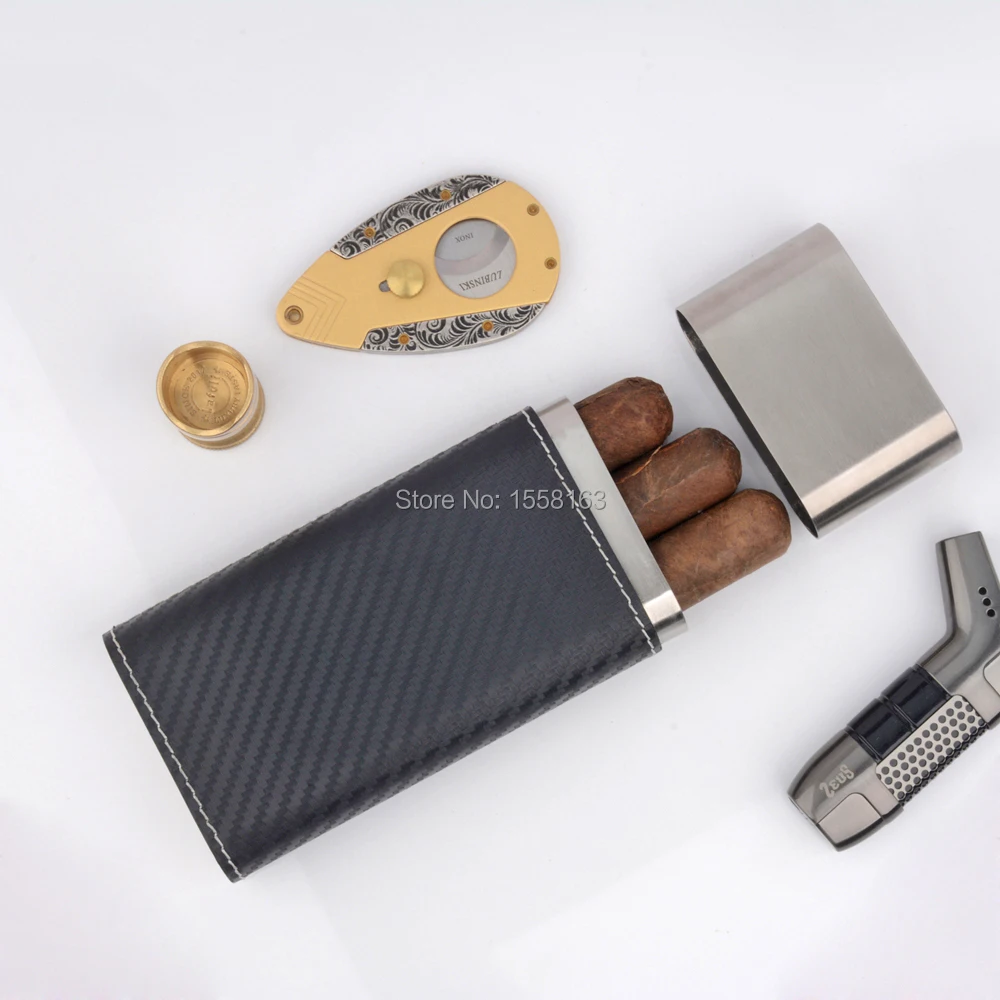 

100% Original Stainless Steel Cigar Case Carbon Fiber Wraped Cigar Holder Holds 3 Cigars Humidor 54 R Box Smoking Accessory