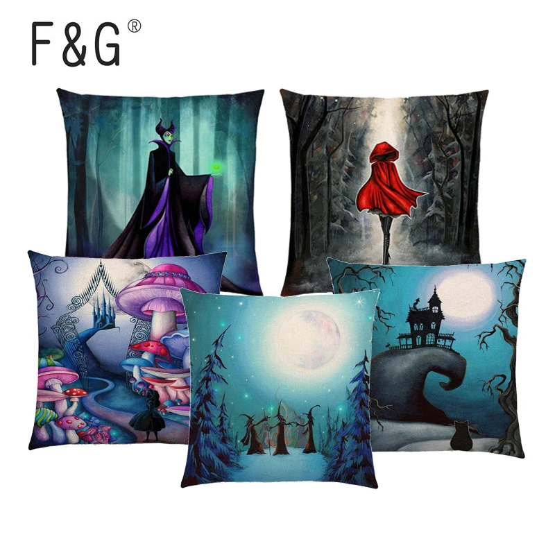 

Alice Dreams Cute Cat Cushion Cover Magic Moon Night Wonderland Emerald Forest Witch Halloween Sofa Throw Pillow Case