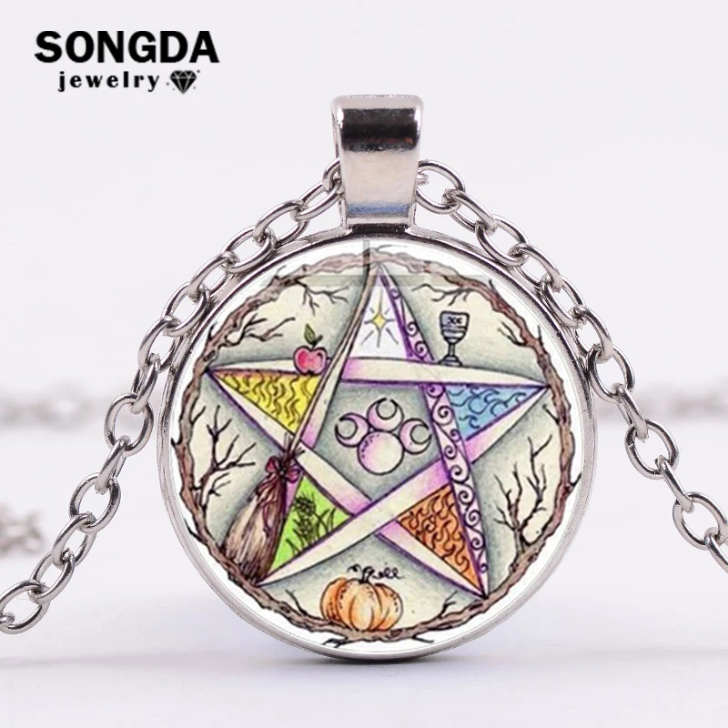 

Esoteric Pentagram Wiccan Pendant Necklace Tree of Life Wicca Star Vintage Photo Glass Dome Necklace Women Gift Talisman