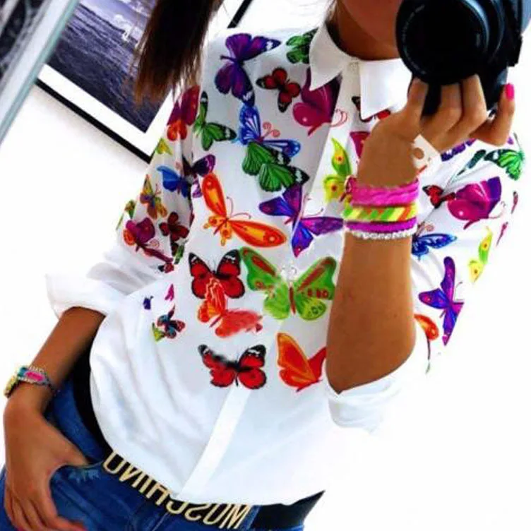 

Floral Blouses Cotton Shirts Women Vintage Turn-Down Collar Tops Blusas Ladies Clothing Long Sleeve Blouse butterfly print shirt