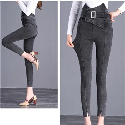 Black gray jeansC11 Женские облегающие джинсы весна лето Модные Повседневные однотонные брюки с высокой талией джинсовые узкие брюки облегающие Женские джинсы стрейч брюки - Цвет: Black gray jeansC11