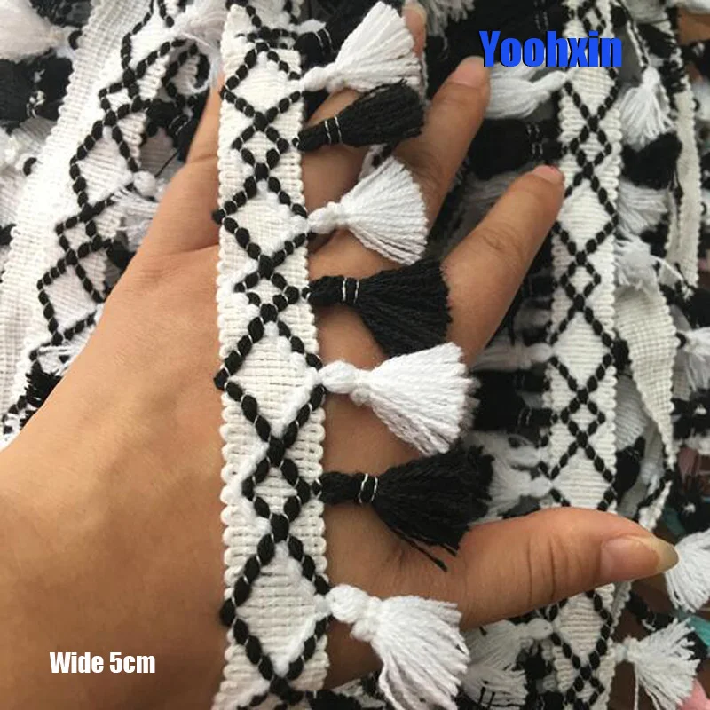 

5CM Wide HOT Embroidery White black flower lace fabric trim ribbon DIY sewing applique collar fringe tassel dress guipure decor