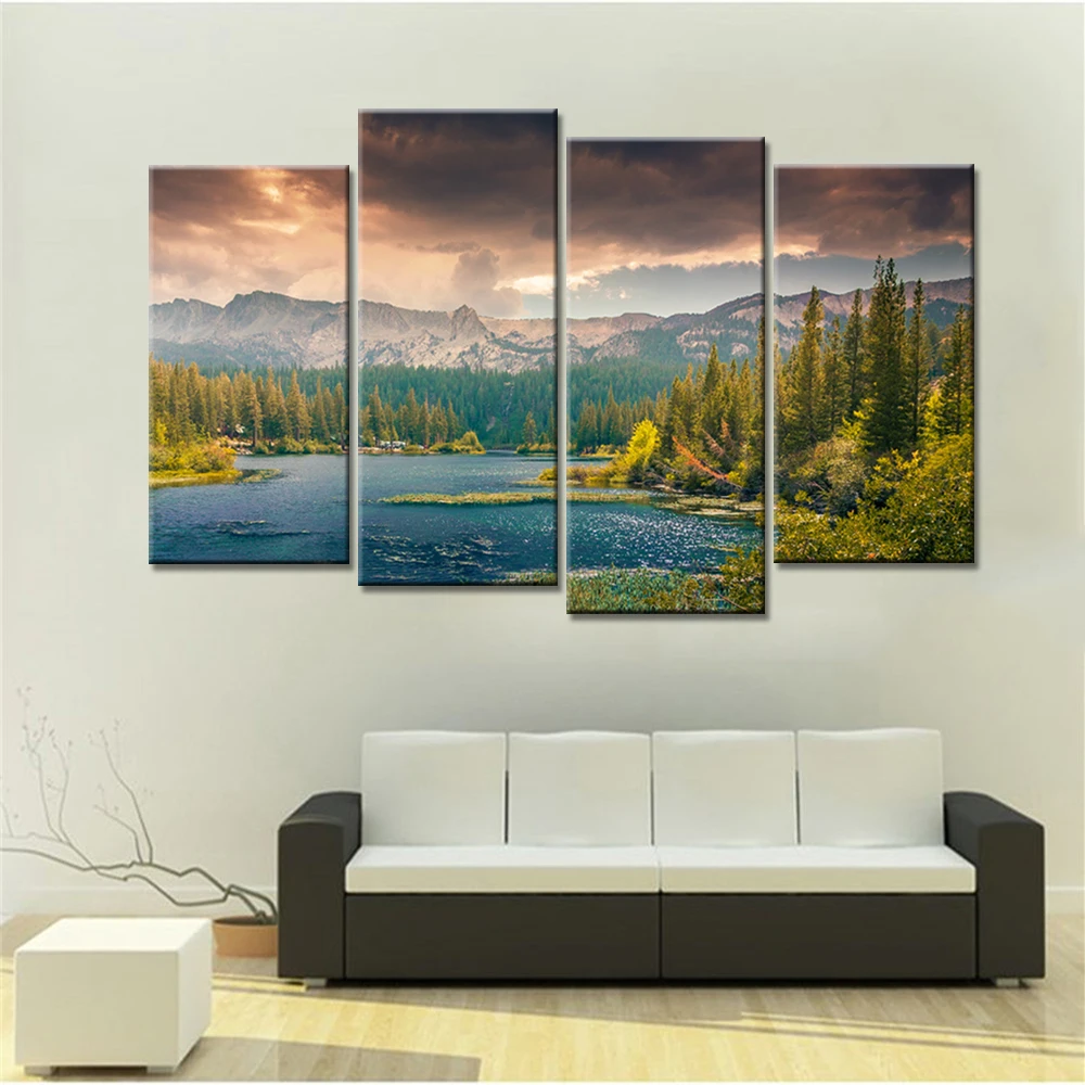 

4 Pieces Wall Art Poster Colorful Clouds Mountains Lake Landscape Canvas Painting for Home Decor Living Room Wall Art Modular