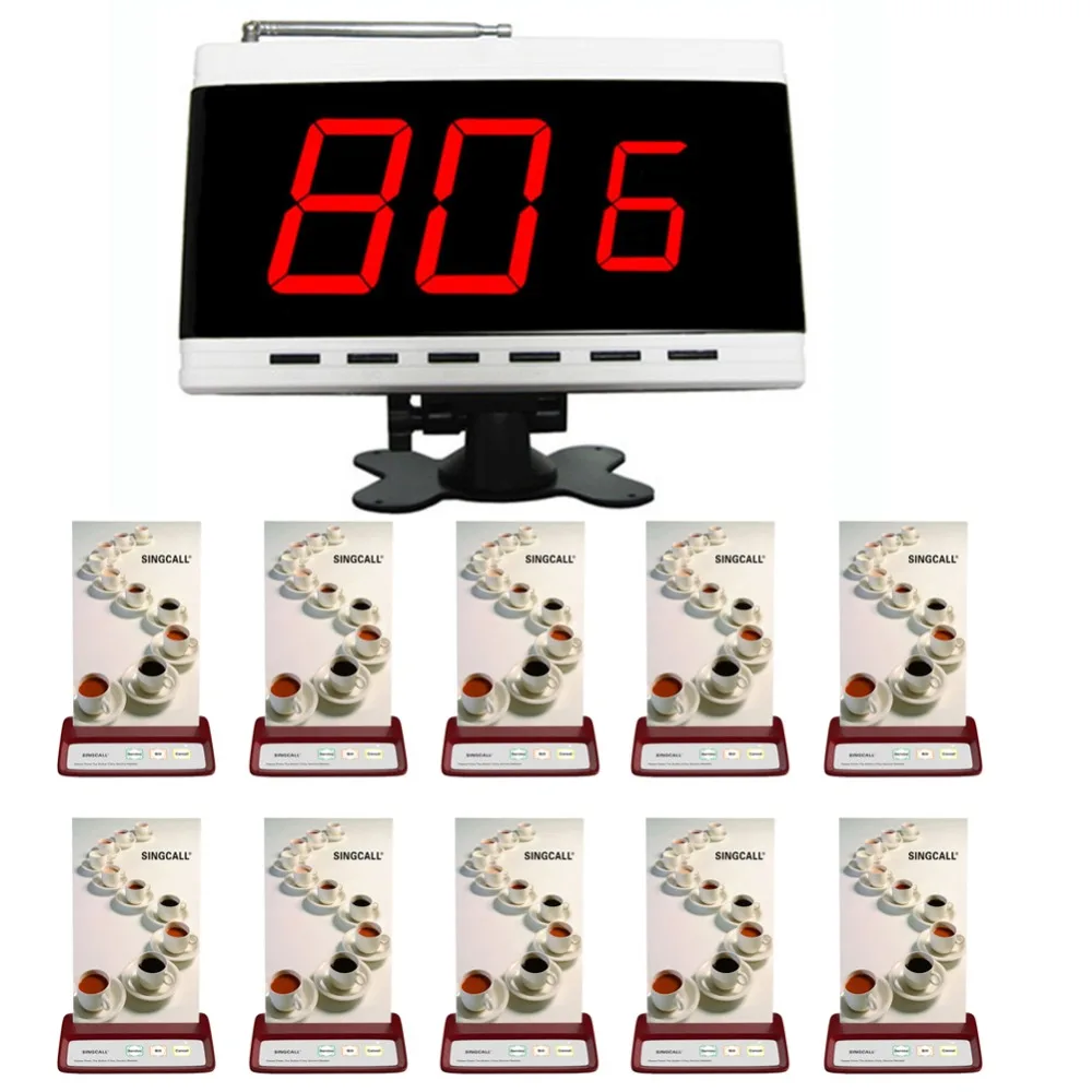 

SINGCALL Wireless Bell Calling Waiter System, 1 Display Receiver, 10pcs Table Buttons with 3 Red Keys APE130