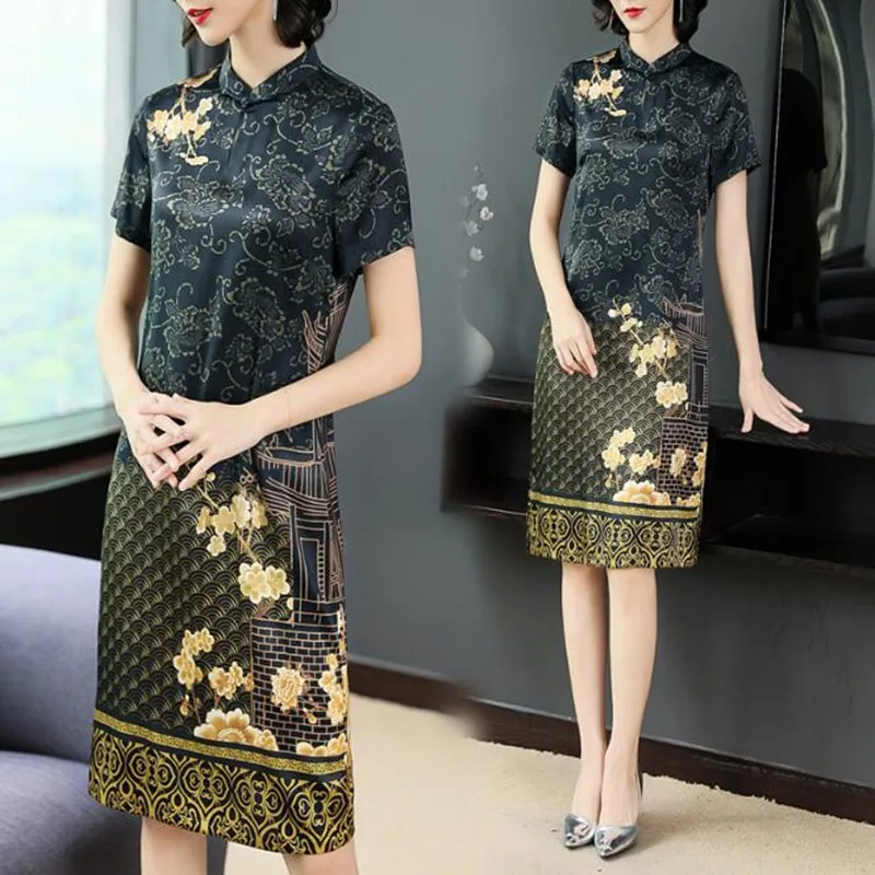 Mulberry Silk Dress Women 2019 Summer New Your Waist Cover Belly Improved Cheongsam Temperament Vestido Plus Size 5XL | Женская одежда