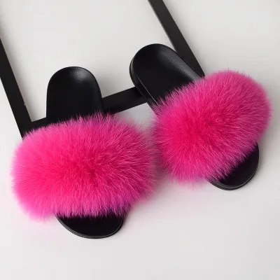 fox fur slides Женские летние тапочки на плоской подошве; тапочки из натурального Лисьего меха; женские тапочки с толстым ворсом; нескользящие домашние тапочки; серебристая подошва - Цвет: fox fur slides