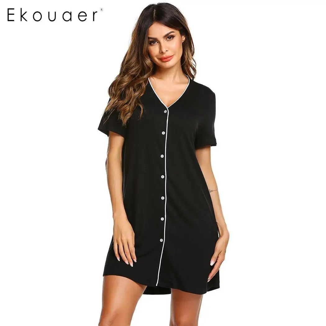 black Ekouaer ночная рубашка женская летняя одежда для сна с v-образным вырезом с коротким рукавом однобортная свободная Удобная ночная рубашка - Цвет: black