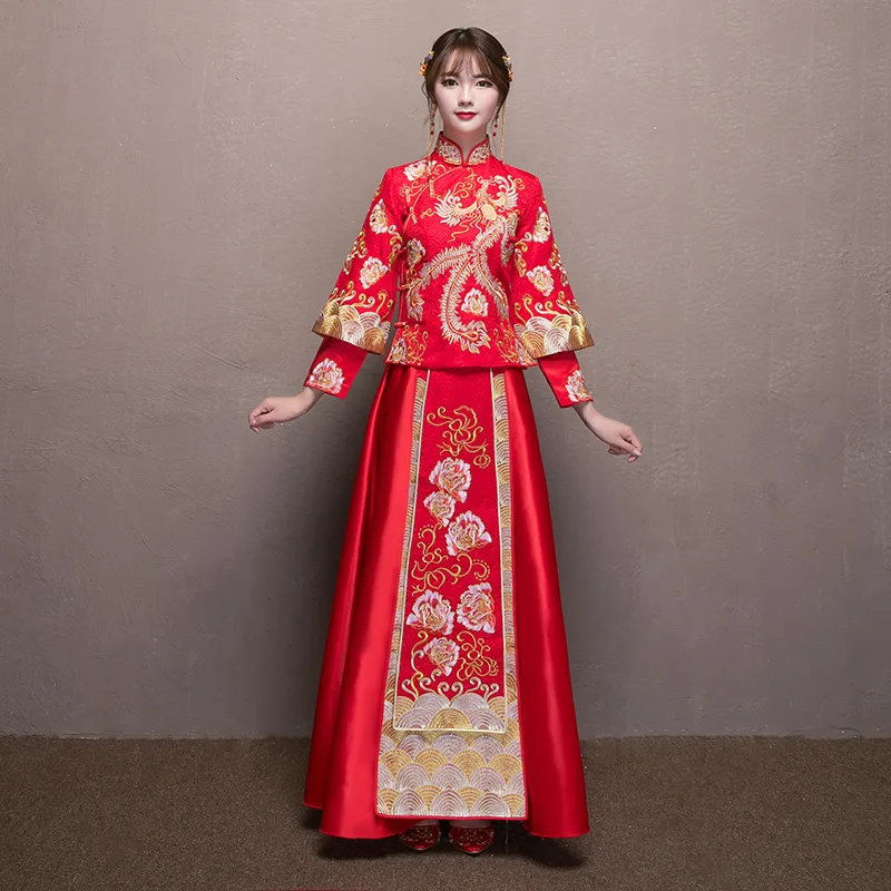 

Красное платье Ципао для невесты в винтажном китайском стиле, свадебное вечернее платье, одежда с вышивкой Феникс, костюм Ципао, Vestidos, разме...