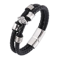 vintage jewelry men double layer black braided leather male bracelet punk stainless steel magnetic clasps wristband mens sp0341