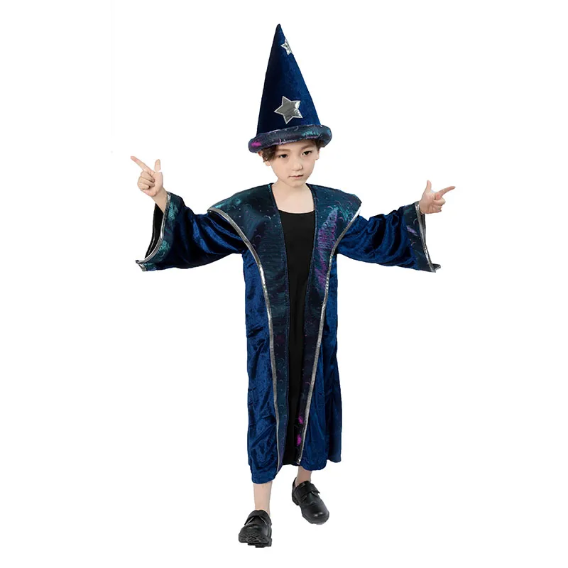 Kid Boys Girls Halloween Magician Wizard Costume Funny Dress Maxi Gown Robe Hat Set Party Performance Clothing For Little Chid |