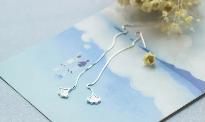 Real. 925 STERLING SILVER Ear Pull Through ginkgo Leaf Threader Earrings Piercing Long Box Chain C-E1639 | Украшения и аксессуары