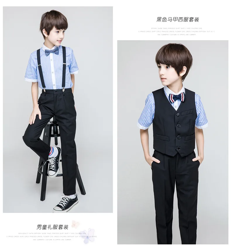 Деловая летняя рубашка в полоску для мальчиков, черные штаны+ жилет, Изысканная одежда с цветочным узором для мальчиков 4, 6, 8, 10, 12, 14, 16, 17 лет, RKS194012