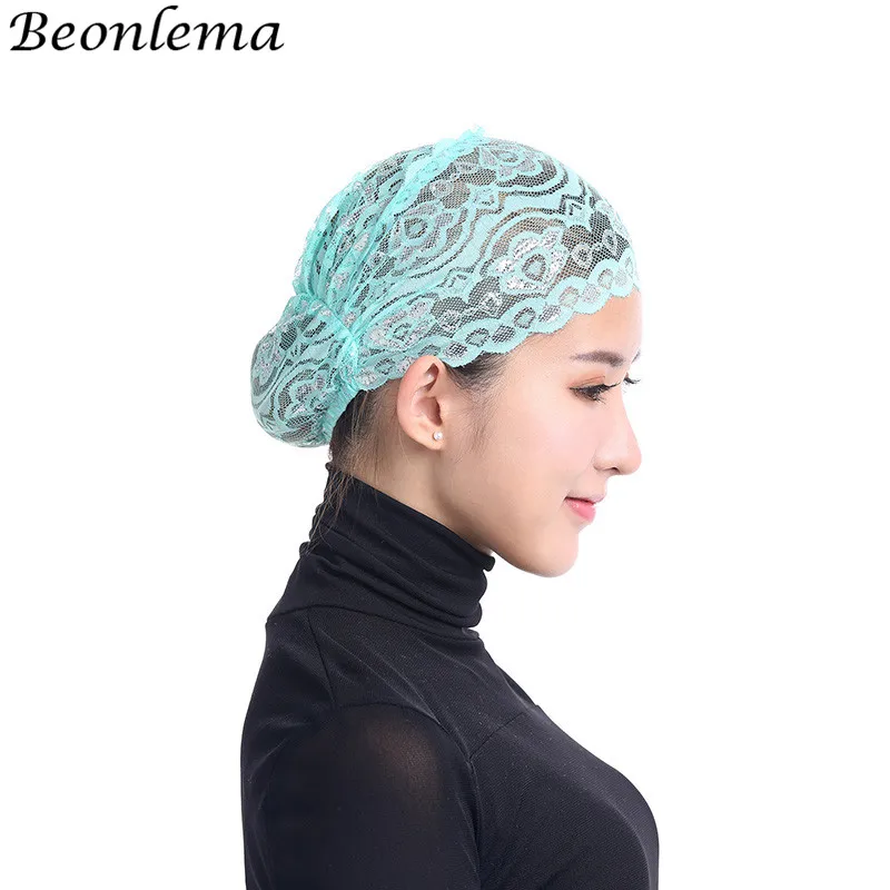 

Beonlema Lace Hijabs Shimmer Muslim Hijab Hair Covering Inner Caps turbante Islamic Headdress Bonnet Muslim headscarf Hoofddoek