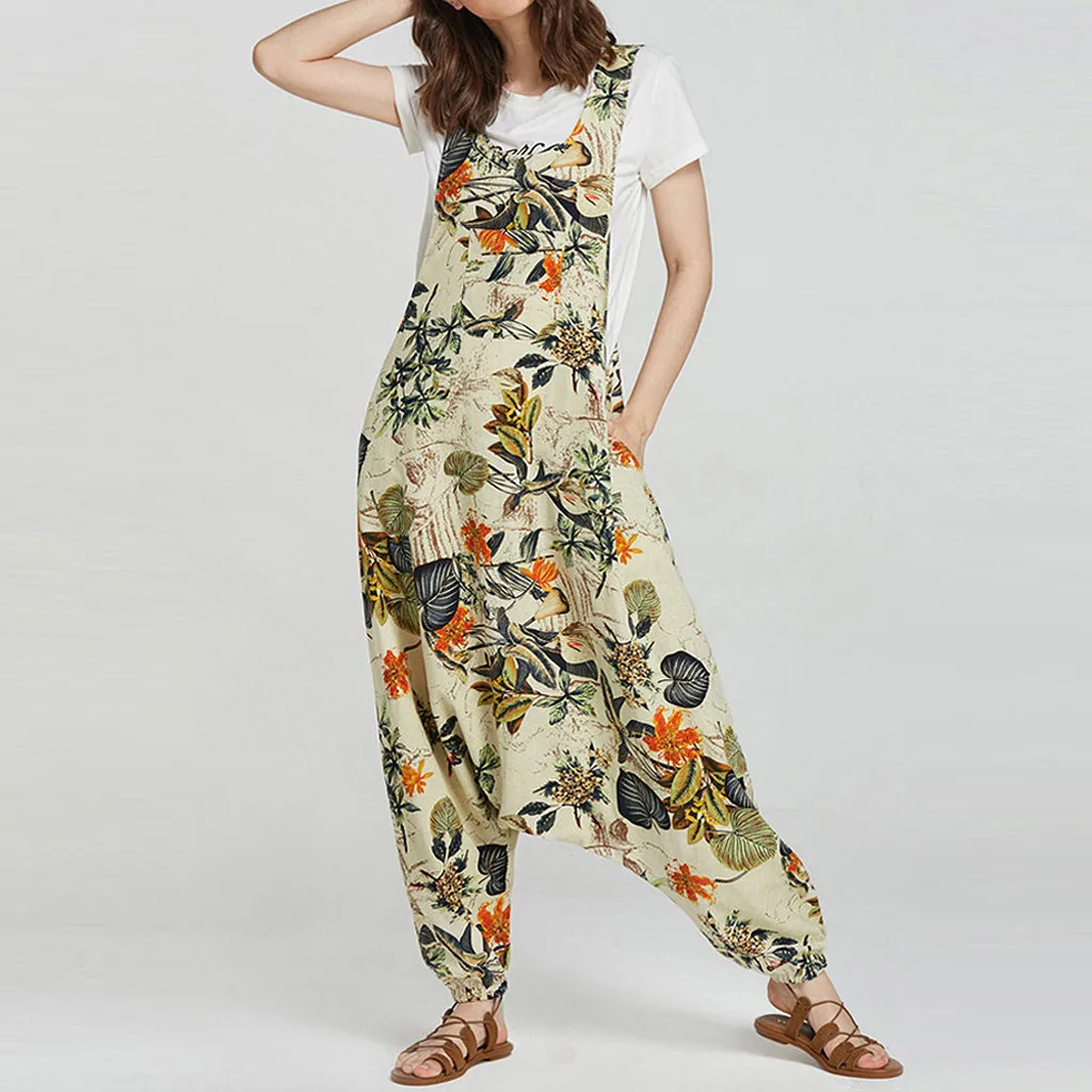 JAYCOSIN Girls Loose Solid Jumpsuit Strap Dungaree Harem Trousers Ladies Overall Pants Printing Art Loose Pants Street Elastic