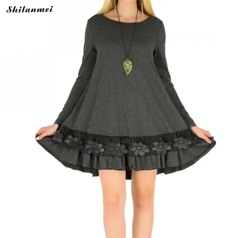 Котон платье для женщин 2017 г. повседневные свободные кружевное Осень Длинные