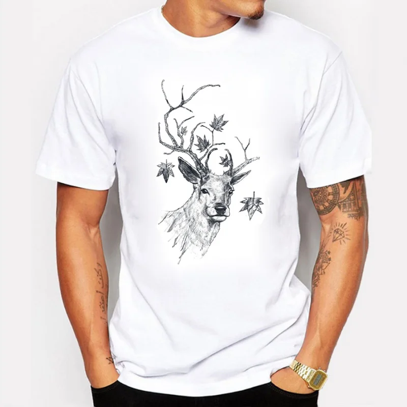 Летняя мужская футболка с рисунком оленя Модная хлопковая коротким рукавом и