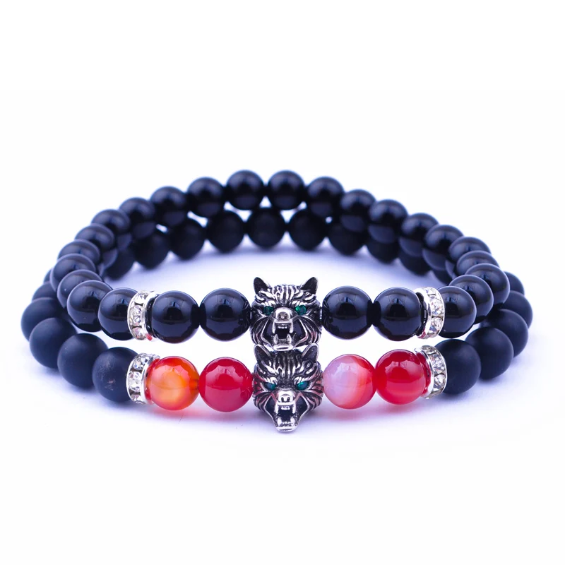 

Romeda 8mm Black Matte Onyx Beads Bracelet Mens Wolf Head Charm Bracelet Fashion Animal Friendship Jewelry Bracelets&Bangles