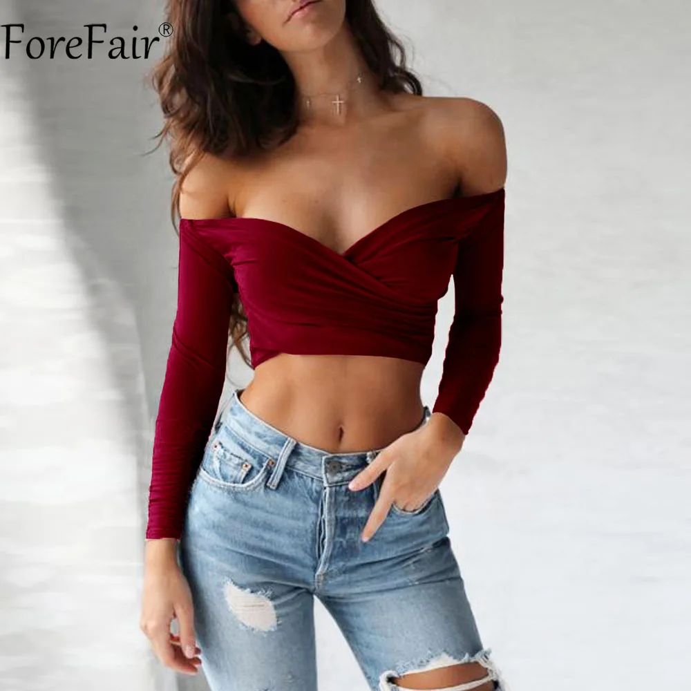 ForeFair женский короткий топ с открытыми плечами и длинным рукавом, осень, тренд, с перекрещивающимися бретелями, с вырезом лодочкой, сексуальная рубашка, топы для девушек - Цвет: wine red